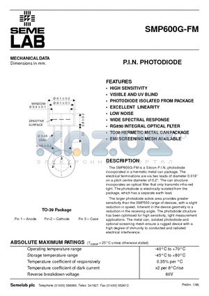 SMP600G-FM datasheet - P.I.N. PHOTODIODE