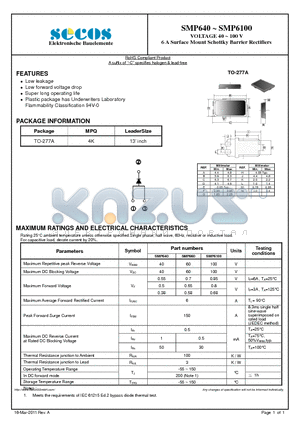 SMP640 datasheet - 6 A Surface Mount Schottky Elektronische Bauelemente Barrier Rectifiers