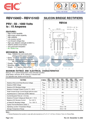 RBV1501D datasheet - SILICON BRIDGE RECTIFIERS