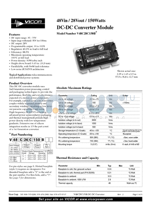 V48A28C150B datasheet - 48Vin / 28Vout / 150Watts DC-DC Converter Module