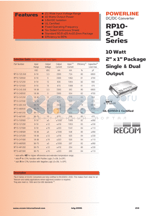 RP10-1205SEM2 datasheet - 10 Watt 2 x 1 Package Single & Dual Output