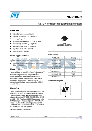 SMP80MC-320 datasheet - TRISIL for telecom equipment protection