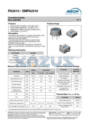 SMPA2010 datasheet - Cascadable Amplifier 200 to 2000 MHz