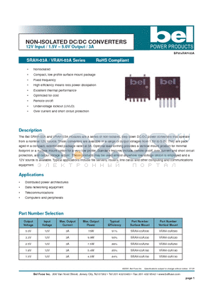 SRAH-03A180 datasheet - NON-ISOLATED DC/DC CONVERTERS 12V Input / 1.5V - 5.0V Output / 3A