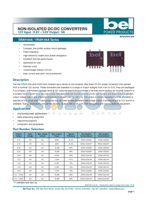 SRAH-05A1A0 datasheet - NON-ISOLATED DC/DC CONVERTERS 12V Input / 0.9V - 5.0V Output / 5A