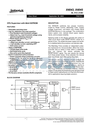 X4043S8-2.7T1 datasheet - CPU Supervisor with 4kbit EEPROM