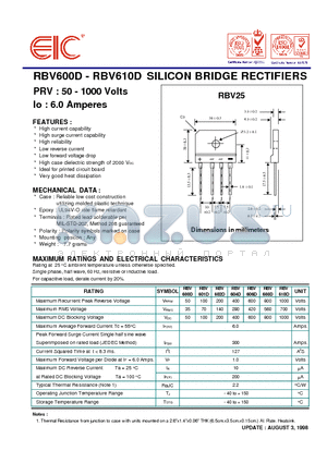 RBV610D datasheet - SILICON BRIDGE RECTIFIERS