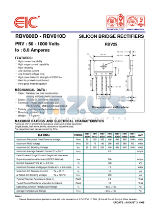 RBV801D datasheet - SILICON BRIDGE RECTIFIERS