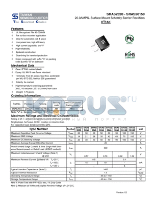 SRAS2020_13 datasheet - 20.0AMPS. Surface Mount Schottky Barrier Rectifiers Low power loss, high efficiency