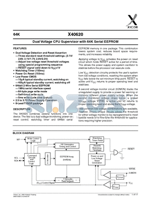 X40620 datasheet - Dual Voltage CPU Supervisor with 64K Serial EEPROM