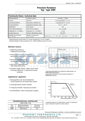 SMR-R100-1.0 datasheet - Precision Resistors