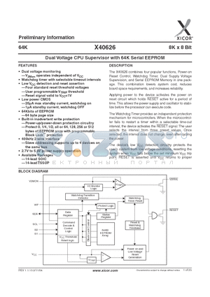 X40626V14I-2.7 datasheet - Dual Voltage CPU Supervisor with 64K Serial EEPROM