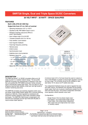 SMRT2805S datasheet - Built in MIL-STD-461 EMI filter Output trim from 51% to 124% of nominal