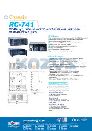 RC-741BA-M datasheet - 19 4U HIGH FULL-SIZE RACKMOUNT CHASSIS WITH BACKPLANE MOTHERBOARD & ATX P/S