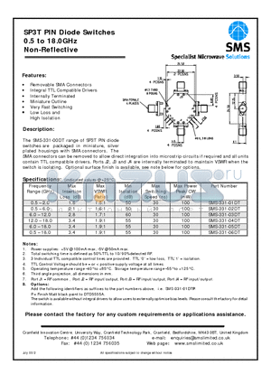 SMS-331-01DT datasheet - PIN Diode Switches 0.5 to 18.0GHz Non-Reflective