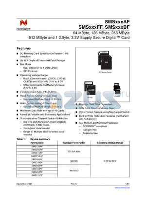 SMS01GAFA5E datasheet - 64 MByte, 128 MByte, 256 MByte 512 MByte and 1 GByte, 3.3V Supply Secure Digital Card