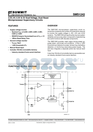 SMS1242S datasheet - 2.5V, 3V, 3.3V & 5V Dual Voltage, Dual Reset Microprocessor Supervisory Circuits