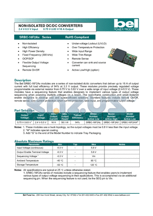 SRBC-16F2AX datasheet - NON-ISOLATED DC/DC CONVERTERS 2.4 V-5.5 V Input 0.75 V-3.63 V/16 A Output