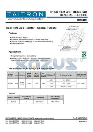 RC0402F103-XX-BL datasheet - Thick Film Chip Resistor  General Purpose