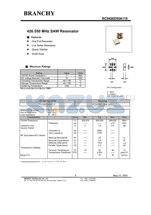 RC0426D55A110 datasheet - 426.550 MHz SAW Resonator