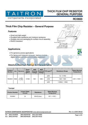 RC0603F103-XX-BL datasheet - Thick Film Chip Resistor  General Purpose