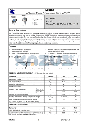 TSM2N60CP datasheet - N-Channel Power Enhancement Mode MOSFET