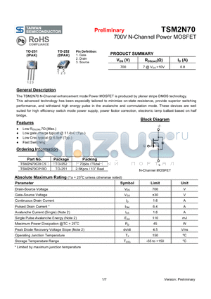 TSM2N70 datasheet - 700V N-Channel Power MOSFET
