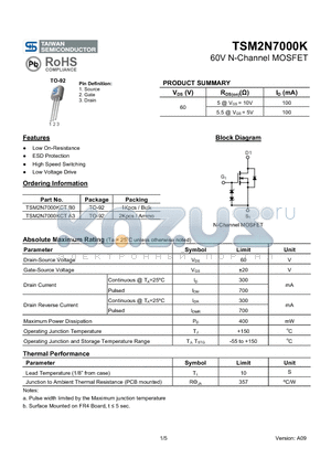 TSM2N7000K datasheet - 60V N-Channel MOSFET