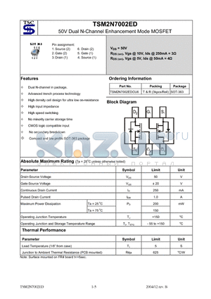 TSM2N7002ED datasheet - 50V Dual N-Channel Enhancement Mode MOSFET