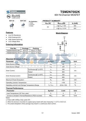 TSM2N7002K datasheet - 60V N-Channel MOSFET