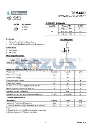 TSM3400 datasheet - 30V N-Channel MOSFET