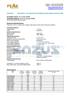 PSD-0509S datasheet - PSD-XXXXS 1KV ISOLATED 1W UNREGULATED SINGLE OUTPUT SMD