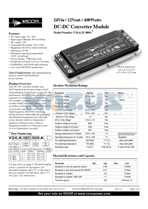 V48B12C500A datasheet - 24Vin / 12Vout / 400Watts DC-DC Converter Module