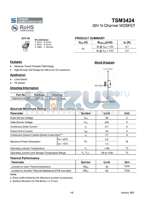 TSM3424CX6RF datasheet - 30V N-Channel MOSFET