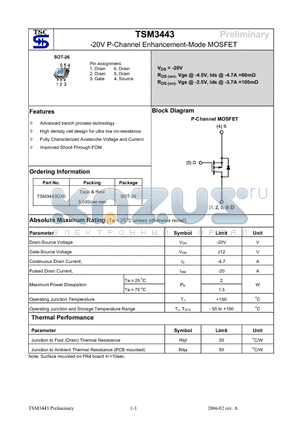 TSM3443 datasheet - 20V P-Channel Enhancement-Mode MOSFET