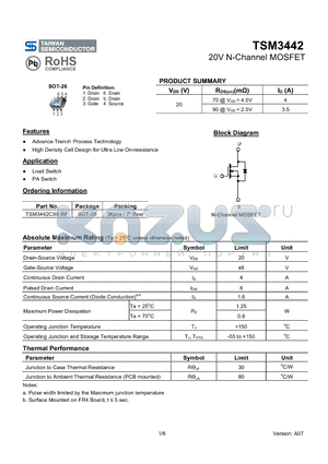 TSM3442 datasheet - 20V N-Channel MOSFET