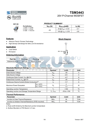 TSM3443CX6 datasheet - 20V P-Channel MOSFET