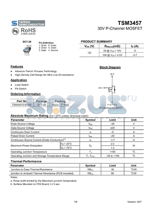 TSM3457CX6RF datasheet - 30V P-Channel MOSFET