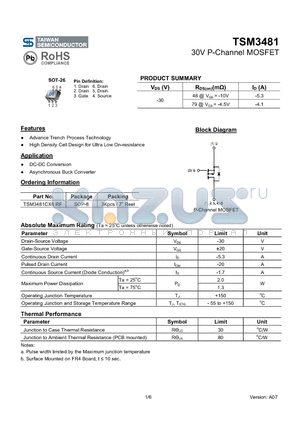 TSM3481 datasheet - 30V P-Channel MOSFET