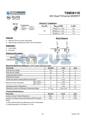 TSM3911DCX6RF datasheet - 20V Dual P-Channel MOSFET