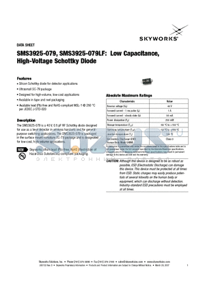 SMS3925-079LF datasheet - Low Capacitance, High-Voltage Schottky Diode