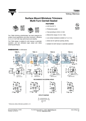 TSM4 datasheet - Surface Mount Miniature Trimmers Multi-Turn Cermet Sealed