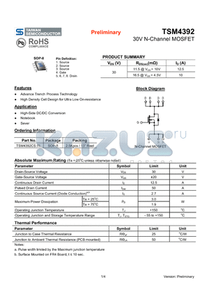 TSM4392 datasheet - 30V N-Channel MOSFET