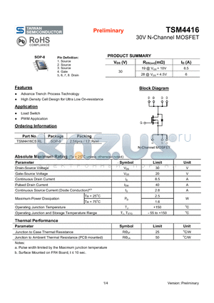 TSM4416CSRL datasheet - 30V N-Channel MOSFET