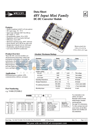 V48B12H250BS3 datasheet - 48V Input Mini Family DC-DC Converter Module
