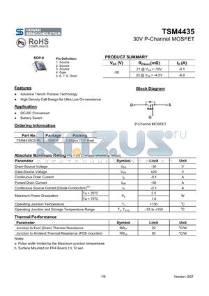 TSM4435CSRL datasheet - 30V P-Channel MOSFET