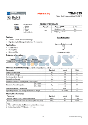 TSM4835 datasheet - 30V P-Channel MOSFET