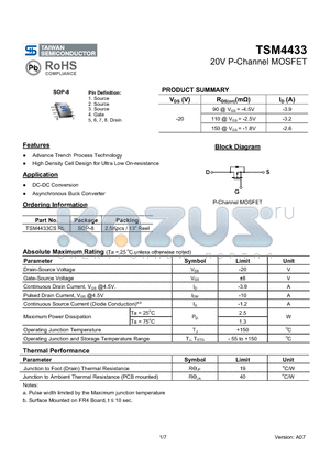 TSM4433CSRL datasheet - 20V P-Channel MOSFET