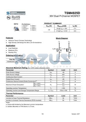 TSM4925DCSRL datasheet - 30V Dual P-Channel MOSFET