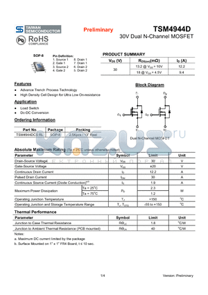 TSM4944D datasheet - 30V Dual N-Channel MOSFET